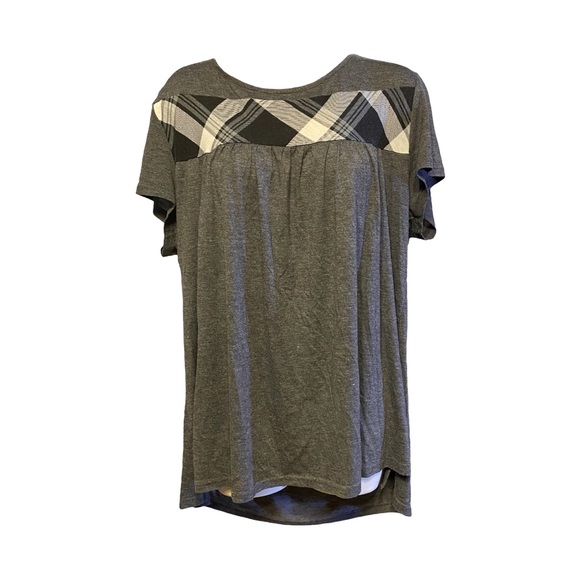 Rozaki Women’s Size XL Charcoal Gray & Plaid Pleated Short Sleeve Tunic Top - Picture 1 of 12